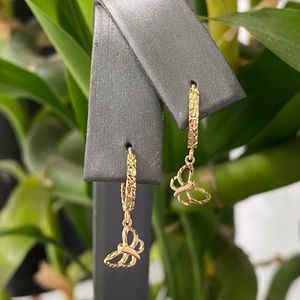 18K Yellow Gold Diamond Cut Huggie Hoop Butterfly Earrings